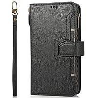 Wallet Case Compatible with iPhone XR, Zipper Pocket PU Leather Case 6 Card Slots with Hand Strap for iPhone XR (Black)