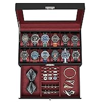 SONGMICS 12-Slot Watch Box, Lockable Watch Case with Glass Lid, 2 Layers, with 1 Drawer for Rings, Bracelets, Gift Idea, Black Synthetic Leather, Wine Red Lining UJWB012R01