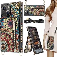 HOGGU Crossbody iPhone 14 Plus Wallet Case with Card Holder, Floral Leather iPhone 14 Plus Phone Case Wallet with Strap, Kickstand, Zipper Purse, Protective Square Phone Case for Women-Mandala