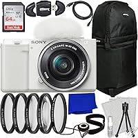Sony ZV-E10 Mirrorless Camera w/ 16-50mm Lens (White) + SanDisk 64GB Ultra SDXC Memory Card, 4PC Macro Close-Up Filter Kit, Protective Multi-Coated UV Filter, Sling Camera Backpack & More(24pc Bundle)