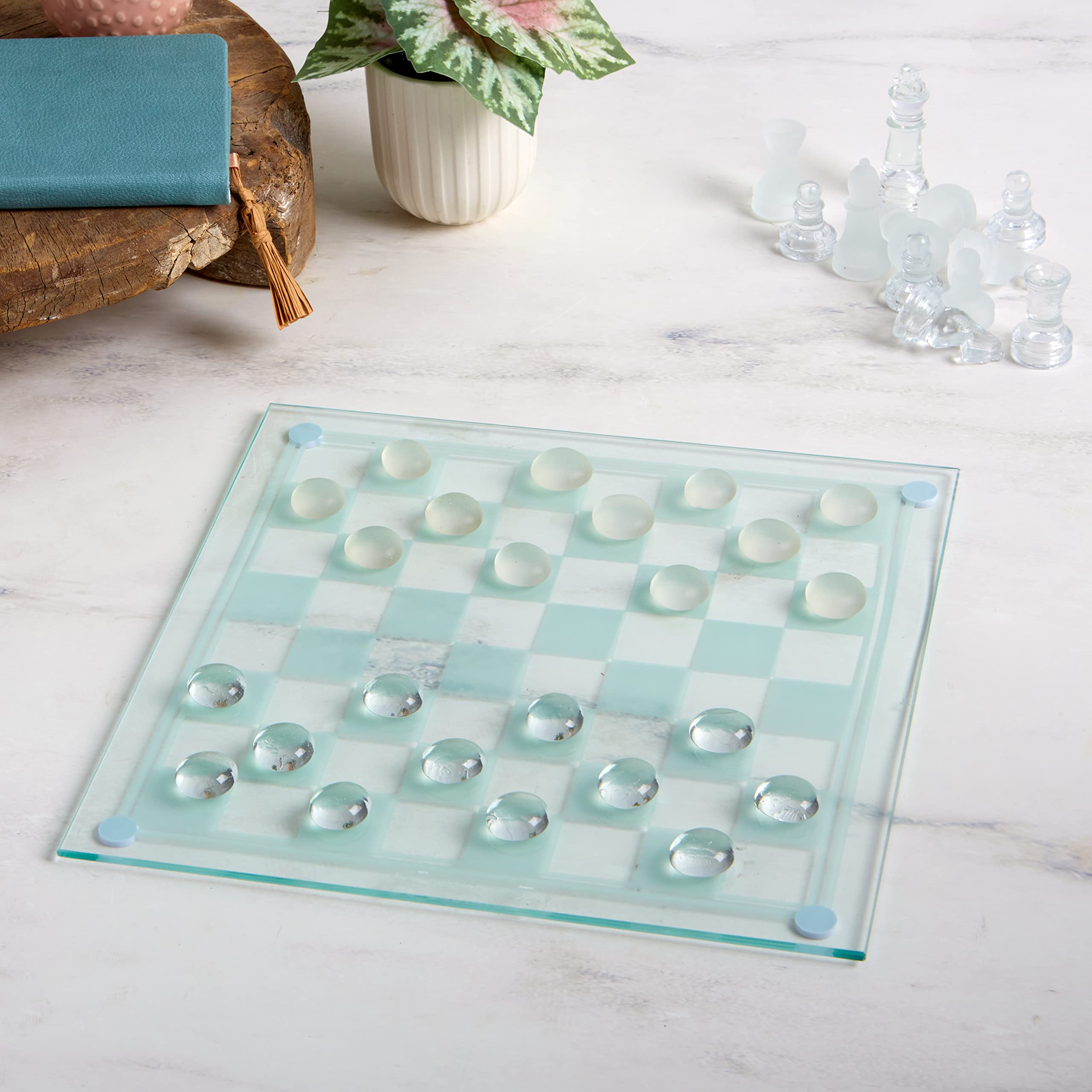 Glass Chess and Checkers Set - Premium Glass Game Kit - Includes 1 Glass Board with 32 Clear and Frosted Checkers Pieces & 32 Clear and Frosted Chess Pieces - Great for Ages 6+