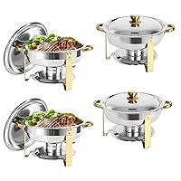 Chafing Dish Buffet Set of 4, 5QT Round Stainless Steel Chafer for Catering, Upgraded Chafers and Buffet Warmer Sets w/Food & Water Pan, Lid, Gold Frame, Fuel Holder for Party Wedding Holiday