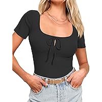 Women's Summer Sexy Short Sleeve Going Out Tops Front Tie Rib Knit Scoop Neck Y2K Top Shirts 2024 Trendy
