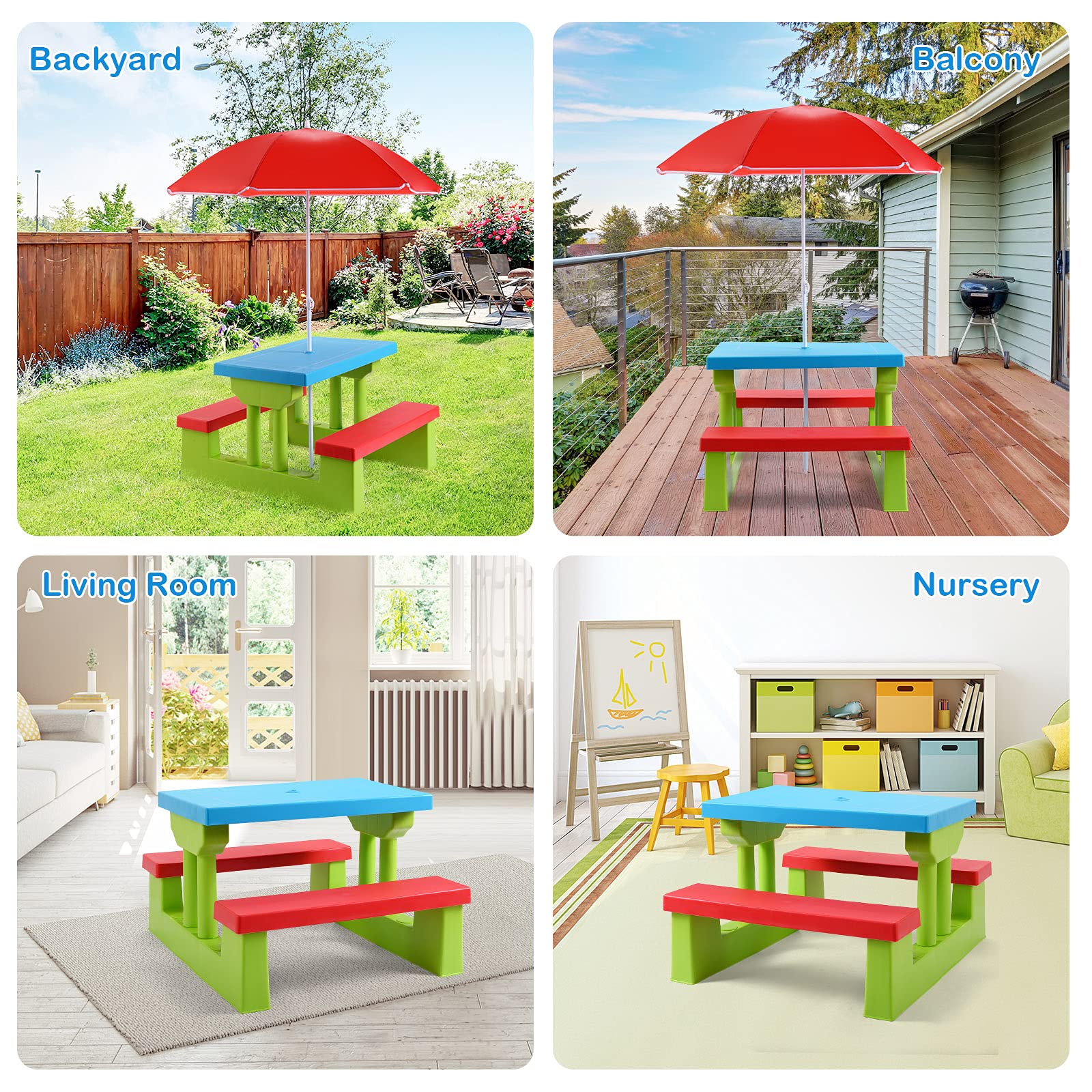 ARMILE Kids Picnic Table, Kids Indoor & Outdoor Table and Bench Set with Removable & Foldable Umbrella, Portable Toddler Plastic Picnic Table for Patio, Backyard, Ideal Gift for Boys Girls(Red)