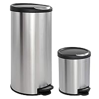happimess HPM1001A Oscar Round 8-Gallon Step-Open Trash Can with Free Mini Trash Can, Modern, Fingerprint Proof for Home, Kitchen, Office, Large:7.9 Gallon Small:1.3 Gallon, Stainless Steel