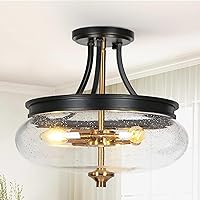 Semi Flush Mount Ceiling Light, Black Gold Close to Ceiling Light Fixture 3 Light Modern Farmhouse Ceiling Light with Seeded Glass for Kitchen Bedroom Hallway Entryway