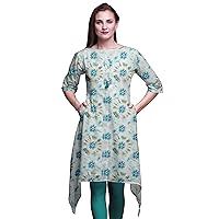 Bimba Leaves & Cardamine Floral Printed Asymmetrical Kurti Tops For Women Indian Summer Dress Tunic