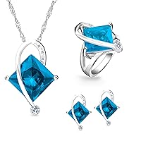 Uloveido Charm Created Topaz Big Square Crystal Necklace Matching Stud Earrings Rings Jewelry Set T295