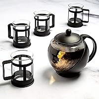 Half Moon Teapot Set with 4 Tea Cups, Removable Stainless Steel Filter and Infuser, Glass Tea Maker, Filter, Dishwasher Safe, 40-Ounce, Tea Gift Set, Tea Set for Service of 4 Adults