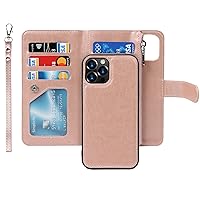 Jaorty Wallet Case Compatible with iPhone 13 Pro Max,[6 Card Slots] [Wrist Strap] [Stand Feature] Detachable 2 in 1 Magnetic Zipper Leather Slim Cover Case for iPhone 13 Pro Max,6.7 inch Rosegold