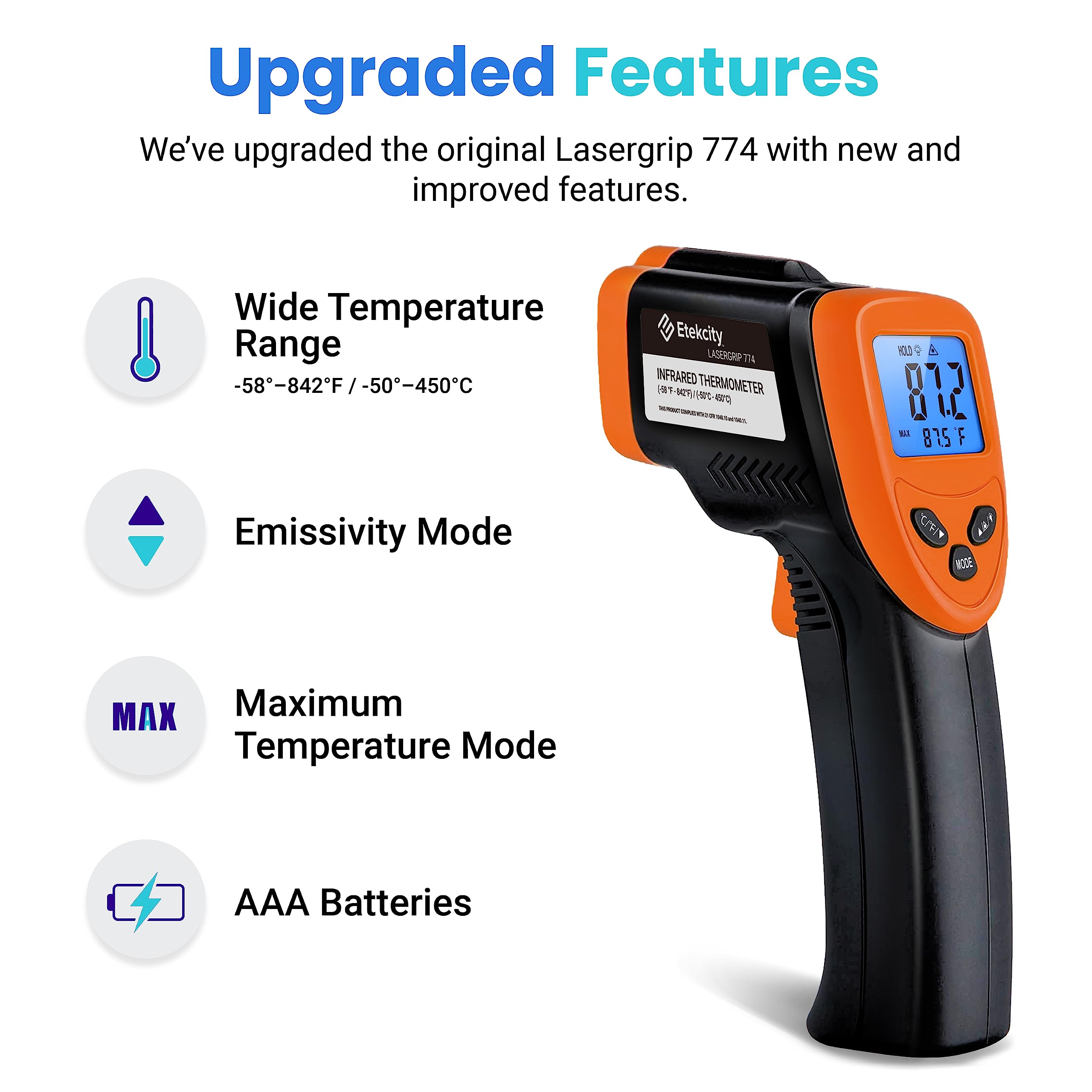 Etekcity Infrared Thermometer Upgrade 774, Heat Temperature Temp Gun for Cooking, Laser IR Surface Tool for Pizza, Griddle, Grill, HVAC, Engine, Accessories, -58°F to 842°F, Orange