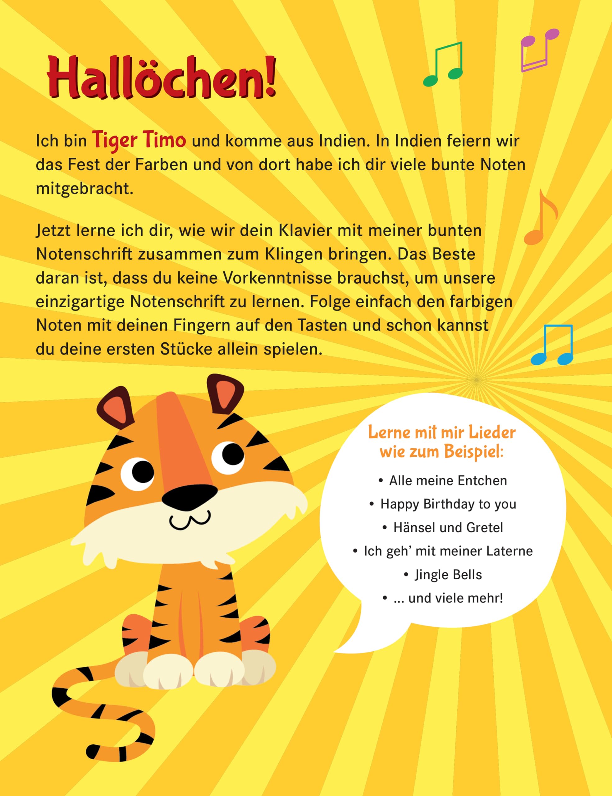 Klavier lernen mit Tiger Timo: 50 Klavierstücke für Kinder mit bunten Klaviernoten – Musikalische Früherziehung für zu Hause mit Rätsel-Spaß, Tasten-Schablonen zum Ausschneiden und Audio-Downloads