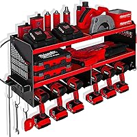 Power Tool Organizer with Charging Station, 6 Drill Holders Wall Mount, Heavy Duty Metal Premium Garage Tool Shelf, Gift for Man Cordless Tool Storage Rack with 4 Outlet Power Strip - Red