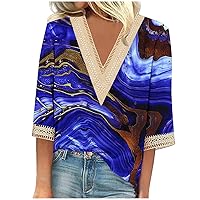 Womens Summer Shirts Elbow Sleeve V Neck Dressy Lace Tops Trendy Marble Print Blouses Loose Fit Teacher T Shirts