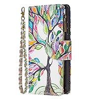 Wallet Case Compatible with iPhone SE 2020, Colored Drawing PU Leather Zipper Pocket Case Kickstand 9 Card Slots for iPhone 8/iPhone 7 (Tree of Life)