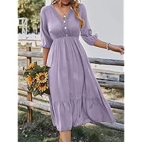 Easter Dress for Women Swiss Dot Lace Detail Fake Button Lantern Sleeve Ruffle Hem Dress (Color : Lilac Purple, Size : XL)