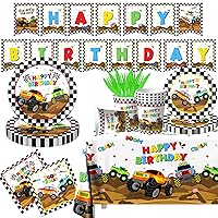 Monster Truck Party Supplies,Monster Machine Happy Birthday Checkered Tableware Sets Include Monster Trucks Theme Party Paper Plate Napkins for Monster Truck Birthday Party Decorations