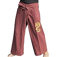 RaanPahMuang Fisherman Pants Salaap Mixed Cotton with Embroidered Flame Dragon