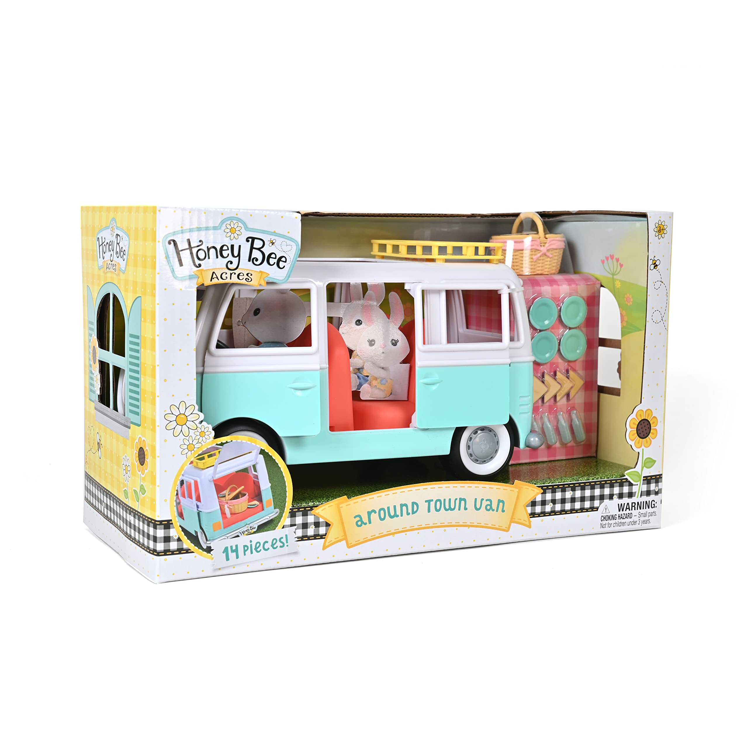 Sunny Days Entertainment Honey Bee Acres Around Town Van - 14 Accessory Pieces and Exclusive Doll | Flocked Collectible Figures