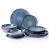 Ceramic Dinnerware Sets,Handmade Reactive Glaze Plates and Bowls Set,Highly Chip and Crack Resistant | Dishwasher & Microwave Safe,Service for 4 (12pc)-Reactive Blue