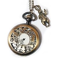Alice in Wonderland Pocket Watch Necklace Chain - Vintage Style Mr Rabbit Pendant - Steampunk Alice White Rabbit Charm Pocketwatch