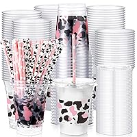 meekoo 50 Sets Pink Cow Cup with Flat Lids and Straws 12 oz Pink Cow Plastic Cups Clear Drink Disposable Cups with Lids for Cow Themed Parties Summer Picnic Cow Print Birthday Baby Shower