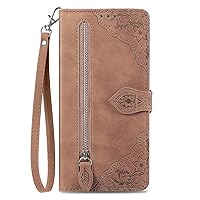 Wallet Case Compatible with Oppo Find X5 Pro, Embossed Flower Leather Zipper Pocket Purse Case with 7 Card Slot for Oppo Find X5 Pro (Brown)