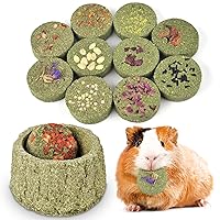 ERKOON 100% Edible Premium Timothy Hay Chew A Blocks with Bowl for Rabbits, Chinchilla Treats, Chew Toys for Teeth Guinea Pigs and Mice (11 Cakes + Bowl)