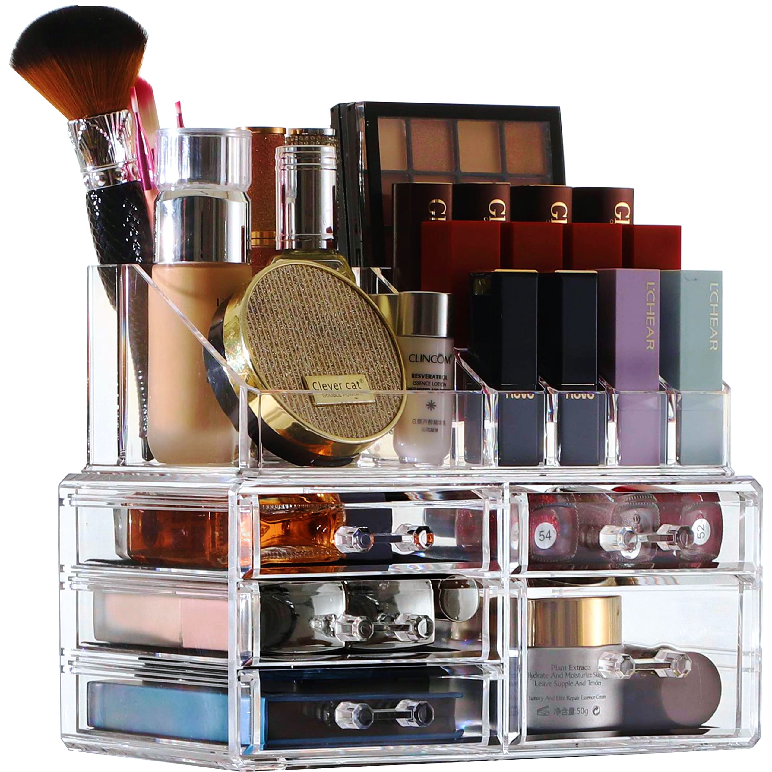 Cq acrylic Makeup Organizer Skin Care Large Clear Cosmetic Display Cases Stackable Storage Box With 5 Drawers For Vanity,Set of 2