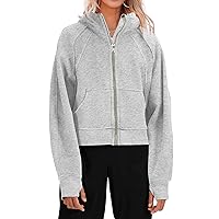 Fisoew Womens Zip Up Sweatshirts Fleece Lined Collar Crop Hoodie Casual Cotton Long Sleeve Tops with Thumb Hole