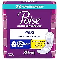 Poise Incontinence Pads & Postpartum Incontinence Pads, 7 Drop Ultra Absorbency, Long Length, 39 Count, Packaging May Vary
