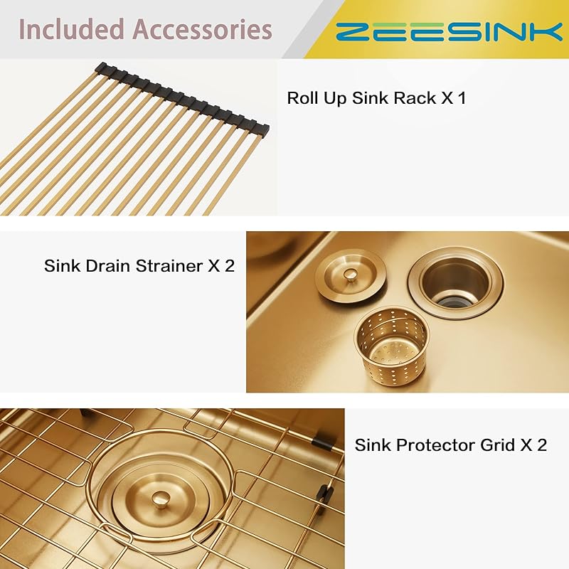 Zeesink 32" X 18" Double Bowl Kitchen Sink,Low-Divide 50 50 Double Sink,Undermount Kitchen Sink Gold,16 Gauge Stainless Steel Kitchen Sink - 1