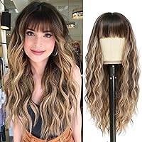 Brown Highlight Blonde Wig with Bangs, 26 Inch Brown Mix Blonde Wigs for Women, Natural Looking Brown Blonde Highlight Wig, Heat Resistant Brown Blonde Wavy wig for Daily Party Use