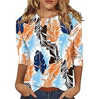 Summer Casual Fashion Womens 3/4 Length Sleeve Tops Button Down Printed Shirts Three Quarter Length Sleeve Blouse