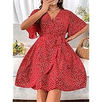 Plus Women's Dress Plus Polka Dot Print Butterfly Sleeve Wrap Belted Dress (Color : Red, Size : 3X-Large)