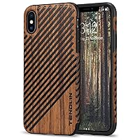 TENDLIN Compatible with iPhone Xs Case/iPhone X Case with Wood Grain Outside Soft TPU Silicone Hybrid Slim Case Compatible with iPhone X and iPhone Xs (Wood & Leather)