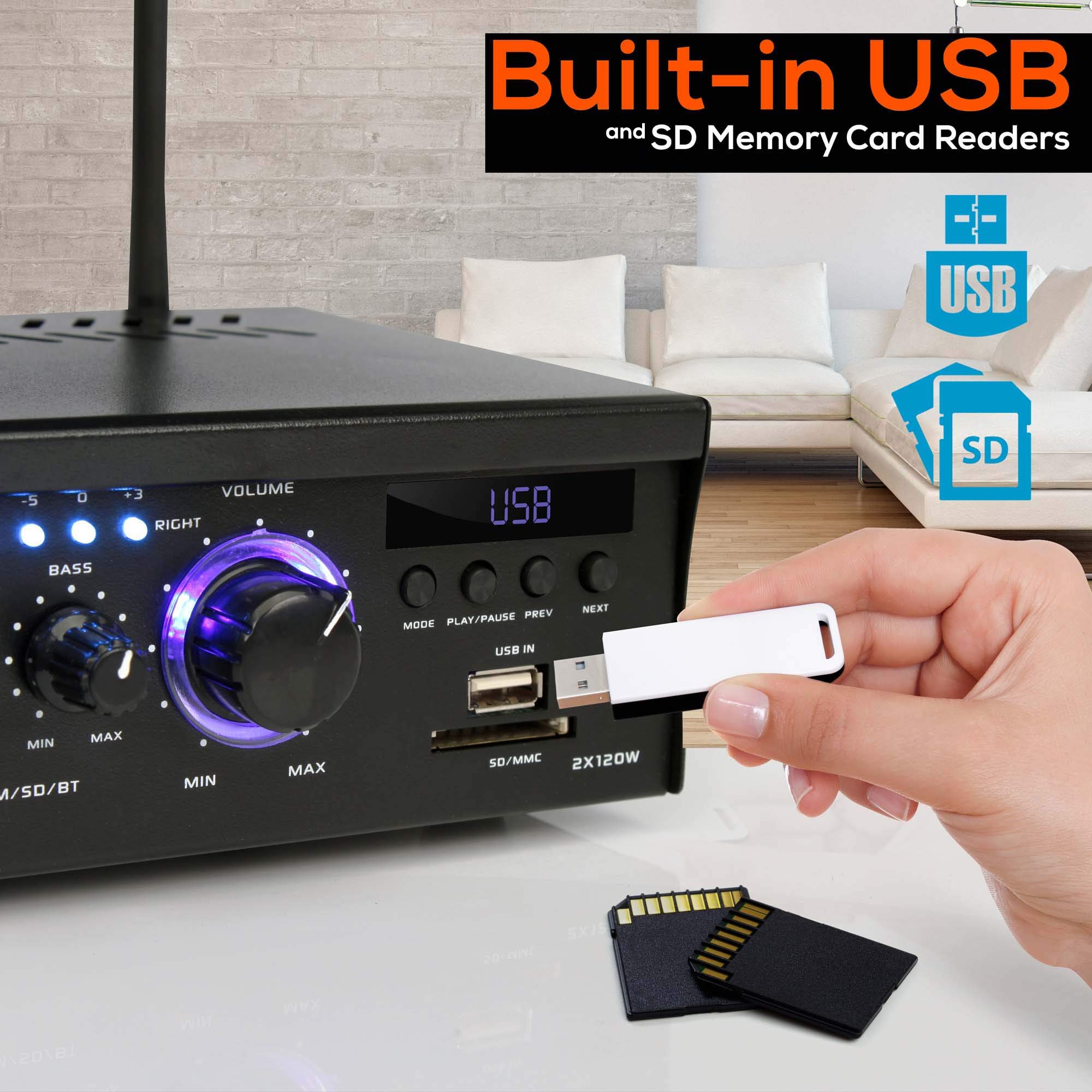 Pyle 2x120 Watt Power Amplifier Home Audio Bluetooth Receiver System W/Blue Led Display, USB/SD, AUX, RCA, Headphone Jack - Remote
