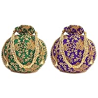 Indian Embroidered Green & Royal Blue Potli Bag with Pearls Handle Purse Party Wear Ethnic Clutch for Women Combo of 2