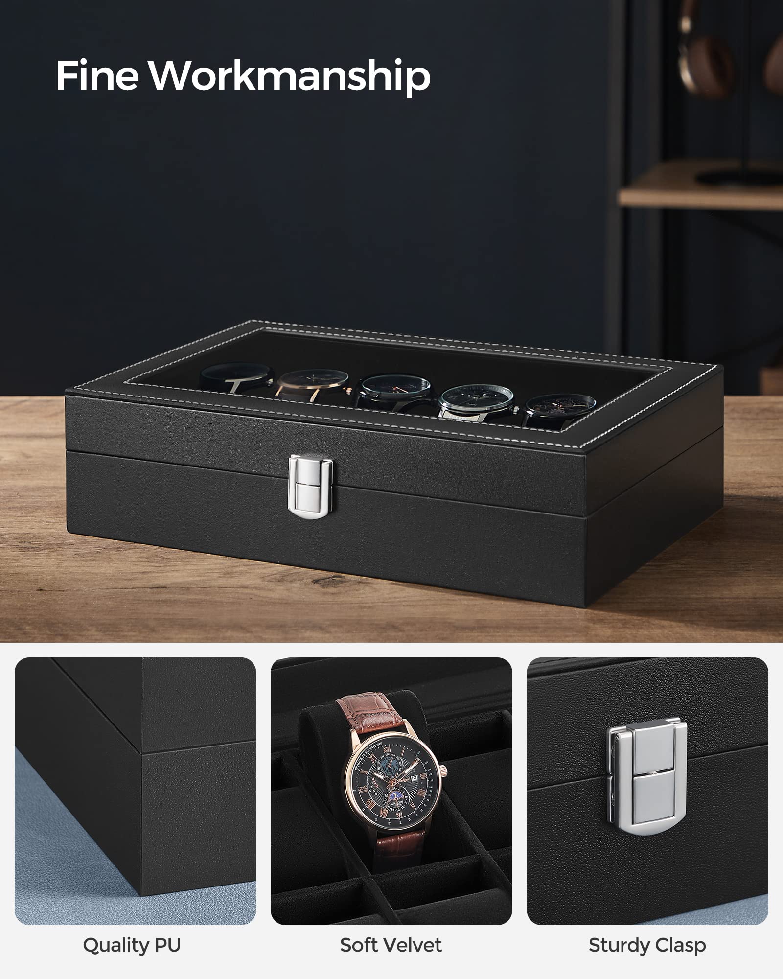 SONGMICS Watch Box Bundle, 12-Slot Watch Case with Glass Lid, Watch Holder with Removable Watch Pillow, Velvet Lining, Metal Clasp, Watch Display, Black UJWB12BK and UJWB012B01