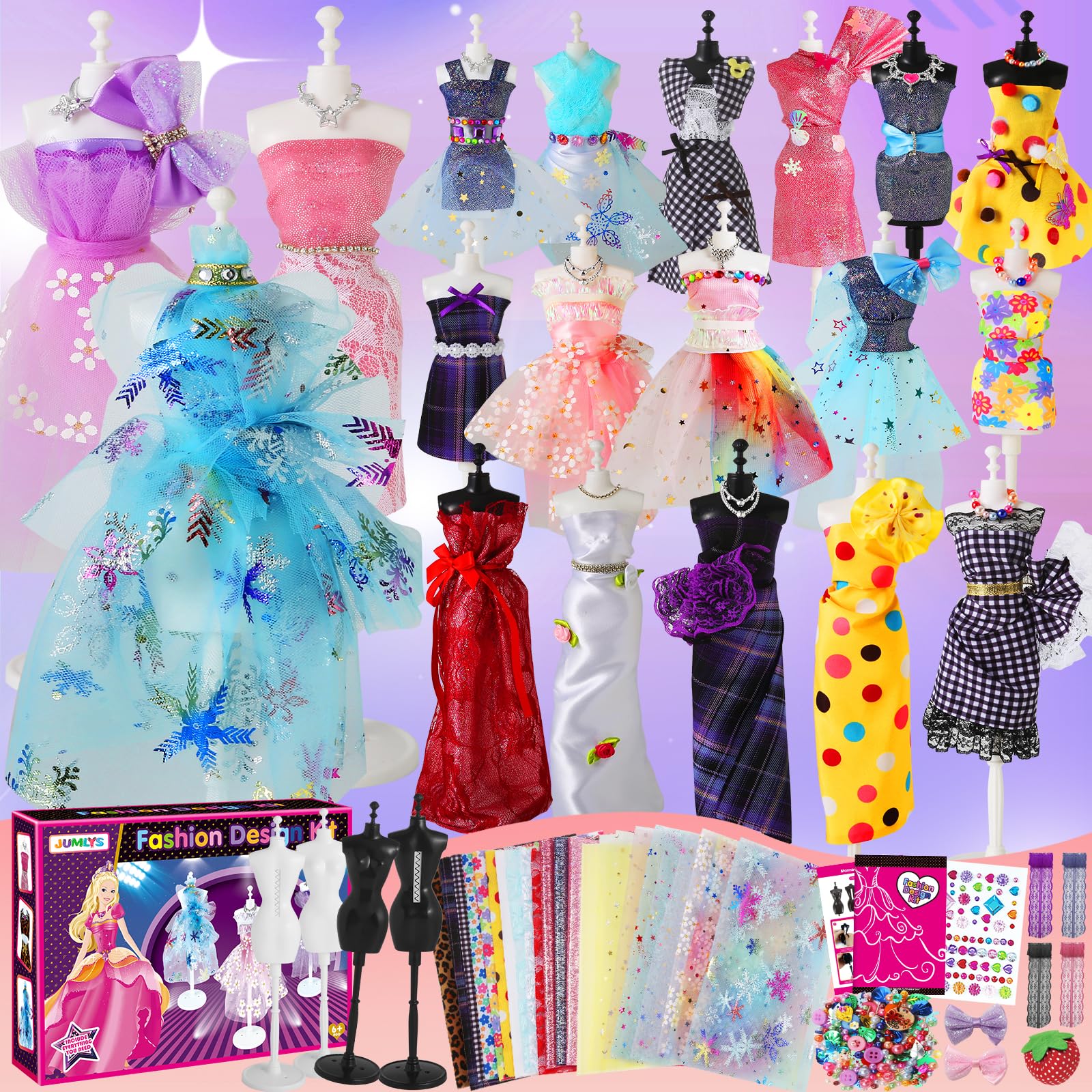 Jumlys 600+PCS Fashion Designer Kits for Girls Ages 6, 7, 8, 9, 10, 11, 12,  Sewing Kits with 4 Mannequins for Kids Ages 6-8, 8-12, DIY Arts and Crafts