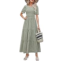 Maggeer Womens 2024 Summer Spring Smocked Wedding Guest Maxi Dress Casual Short Sleeve Floral Boho Flowy Long Dress