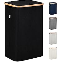 Lonbet - Laundry Hamper with Lid Cover - Sturdy Tall Bamboo Laundry Basket Clothes Organizer - Aesthetic Bedroom Fabric Bin - Big Bathroom Dirty Clothes Hamper - Removable Bag - XL 100 Liters - Black