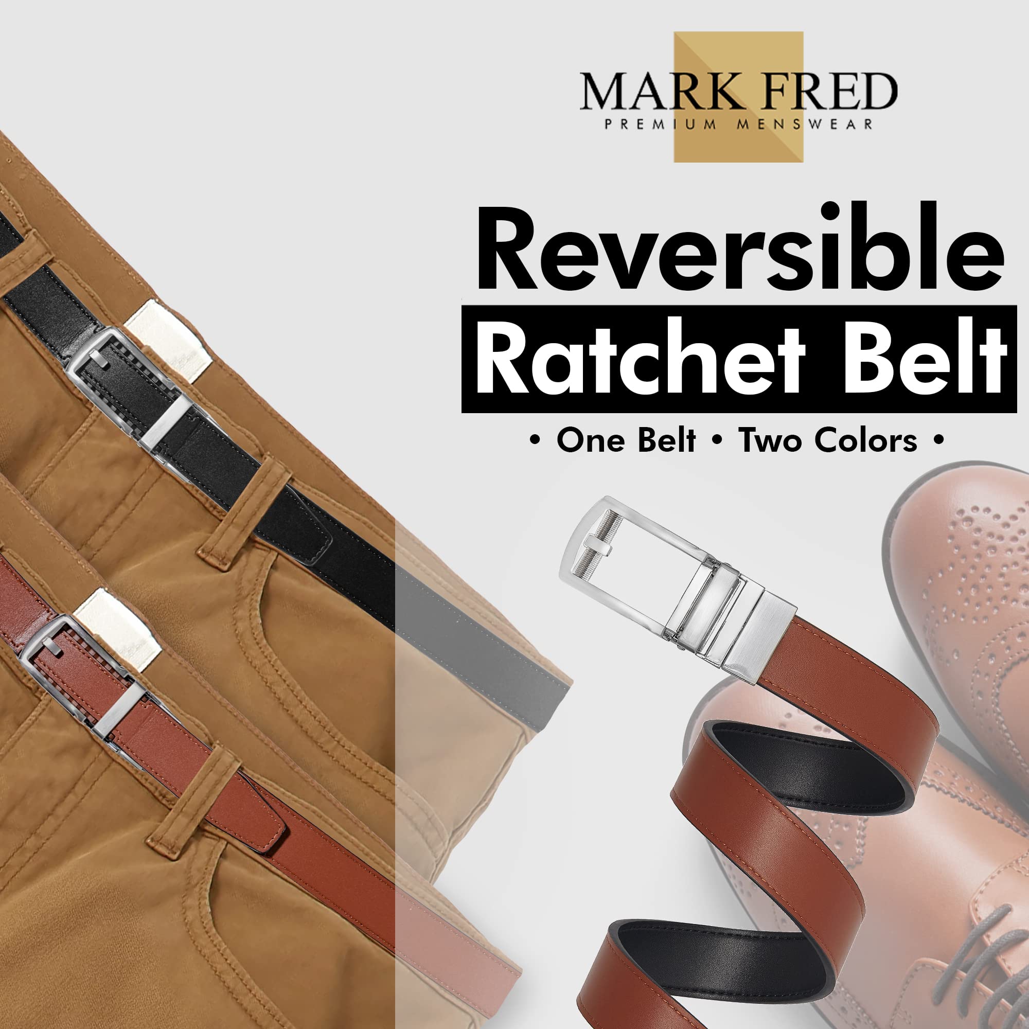 Mark Fred Ratchet Belts for Men with Automatic Buckle 30mm – Regular & Reversible Ratchet Belt Men, Two Sided Mens Belt