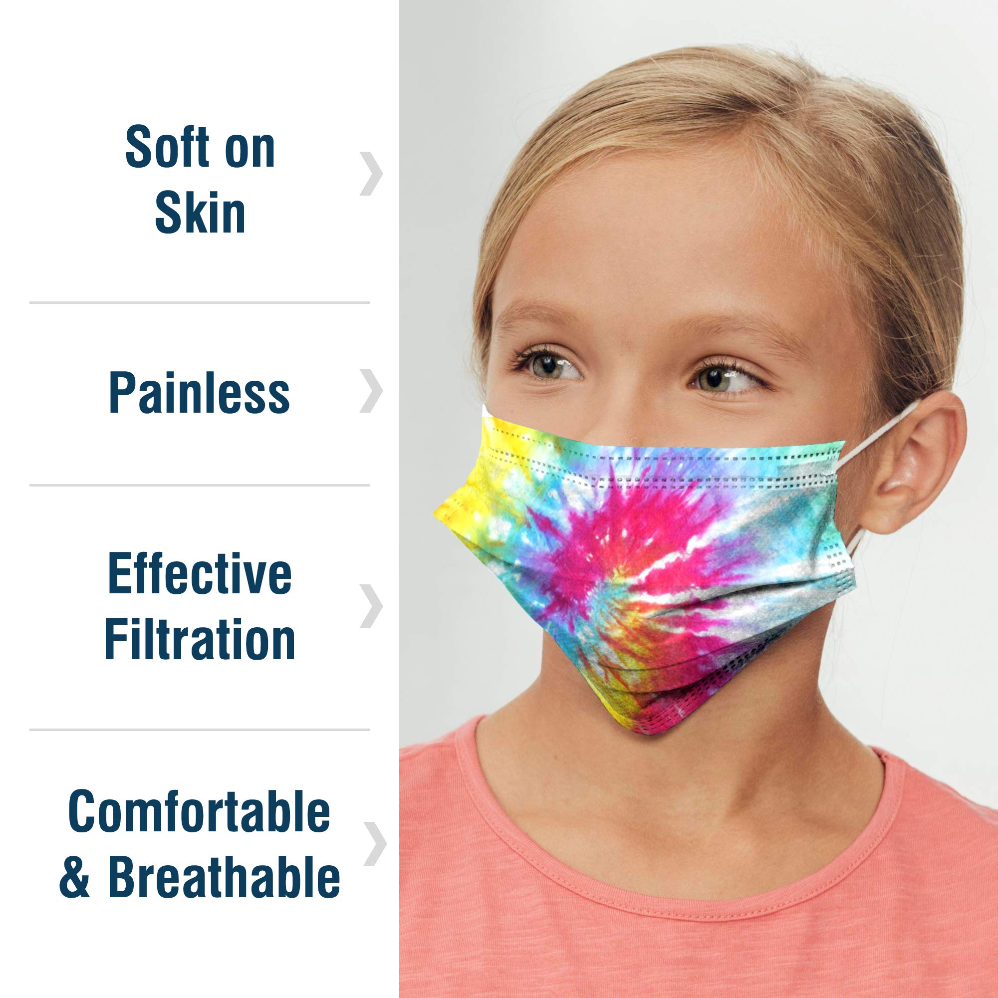Individually Wrapped Face Masks for Kids - 50 Pack - Tie Dye