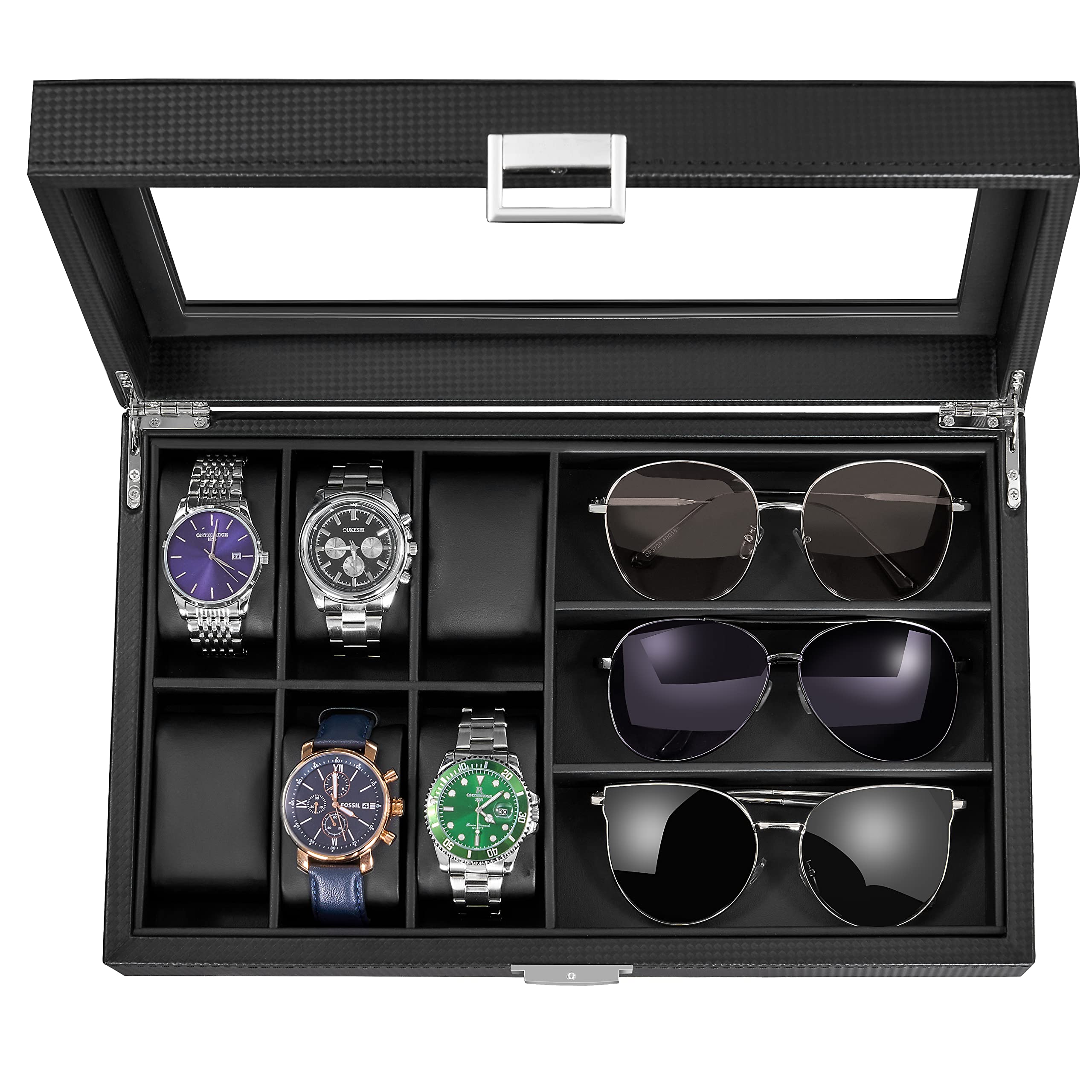 BEWISHOME 20 Slots Watch Case for Men Luxury Watch Organizer with Glass Top & 6 Watch Case and 3 Slots Sunglasses Box for Men