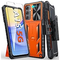 FNTCASE for Samsung Galaxy A15-5G Case: Rugged Protective Phone Cases with Kickstand & Holster | Military Grade Shockproof Protection Sturdy Heavy Duty Drop Proof Hard Covers 6.5 inch Orange