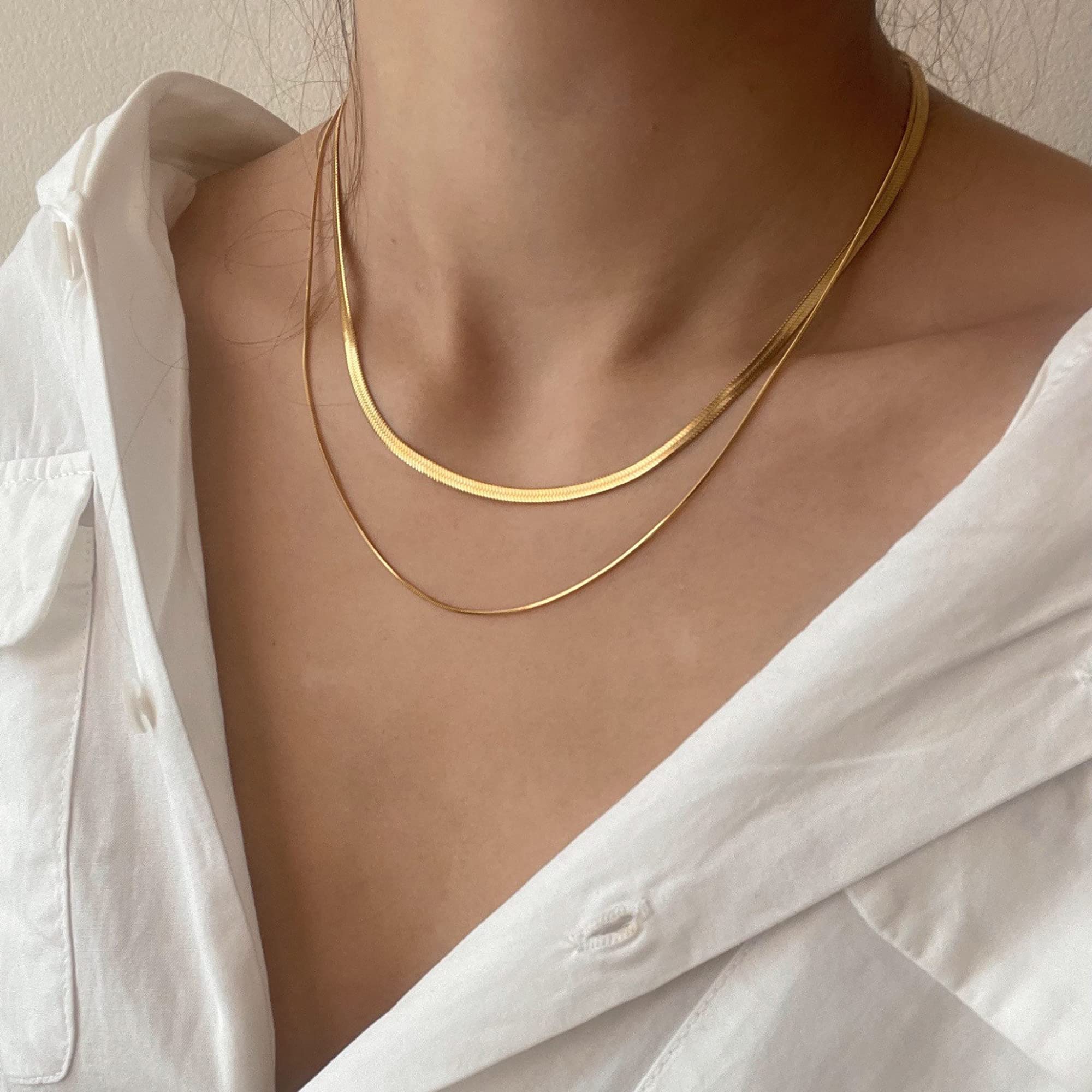 CHESKY 14K Gold/Silver Plated Snake Chain Necklace Herringbone Necklace Gold Choker Necklaces for Women Girl Gifts Jewelry 1.5/3/5MM(W) 14