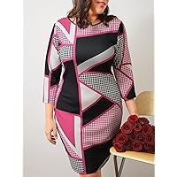 Plus Women's Dress Plus Geo & Houndstooth Print Bodycon Dress (Color : Multicolor, Size : X-Large)