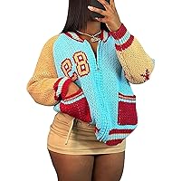 Tbahhir Womens Knitted Sweater Varsity Jacket Letter Print Color Block Coat Loose Casual Fall Winter Outer with Pockets
