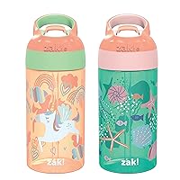 Zak Designs 16oz Riverside Kids Water Bottle with Spout Cover and Built-in Carrying Loop, Made of Durable Plastic, Leak-Proof Design for Travel (Unicorn & Shells, Pack of 2)